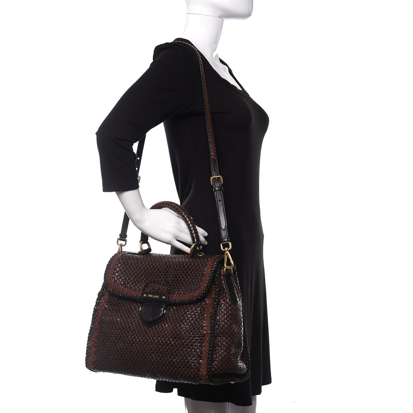 Goatskin Woven Top Handle Satchel Moro Black