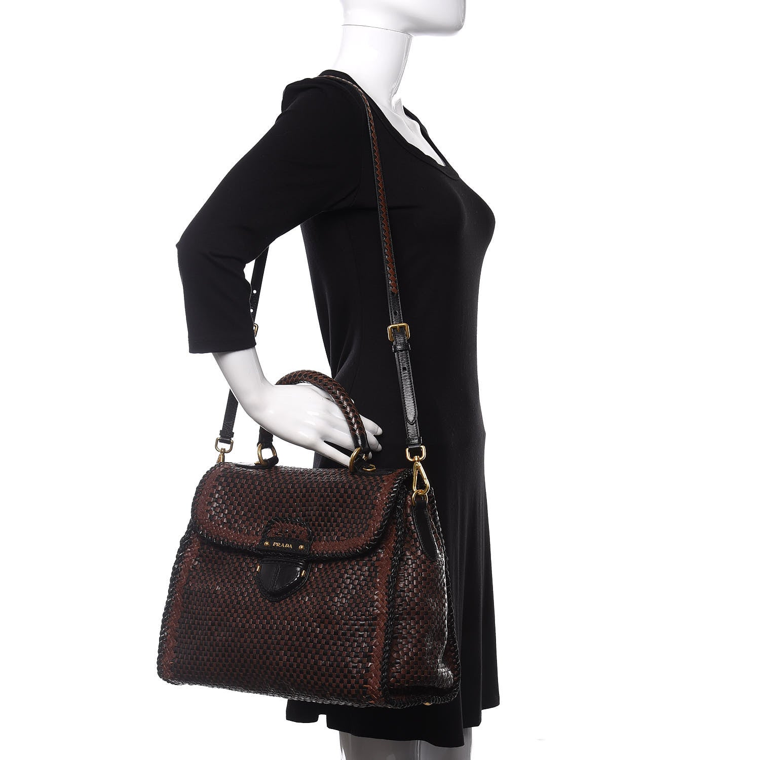 Prada Goatskin Woven Top Handle Satchel Moro Black 2 of 9