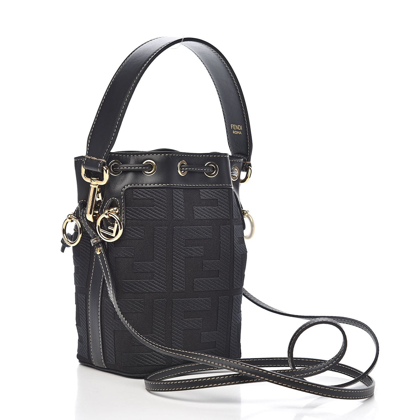 Canvas Vitello King F is Fendi FF Embroidered Mini Mon Tresor Bucket Bag Black