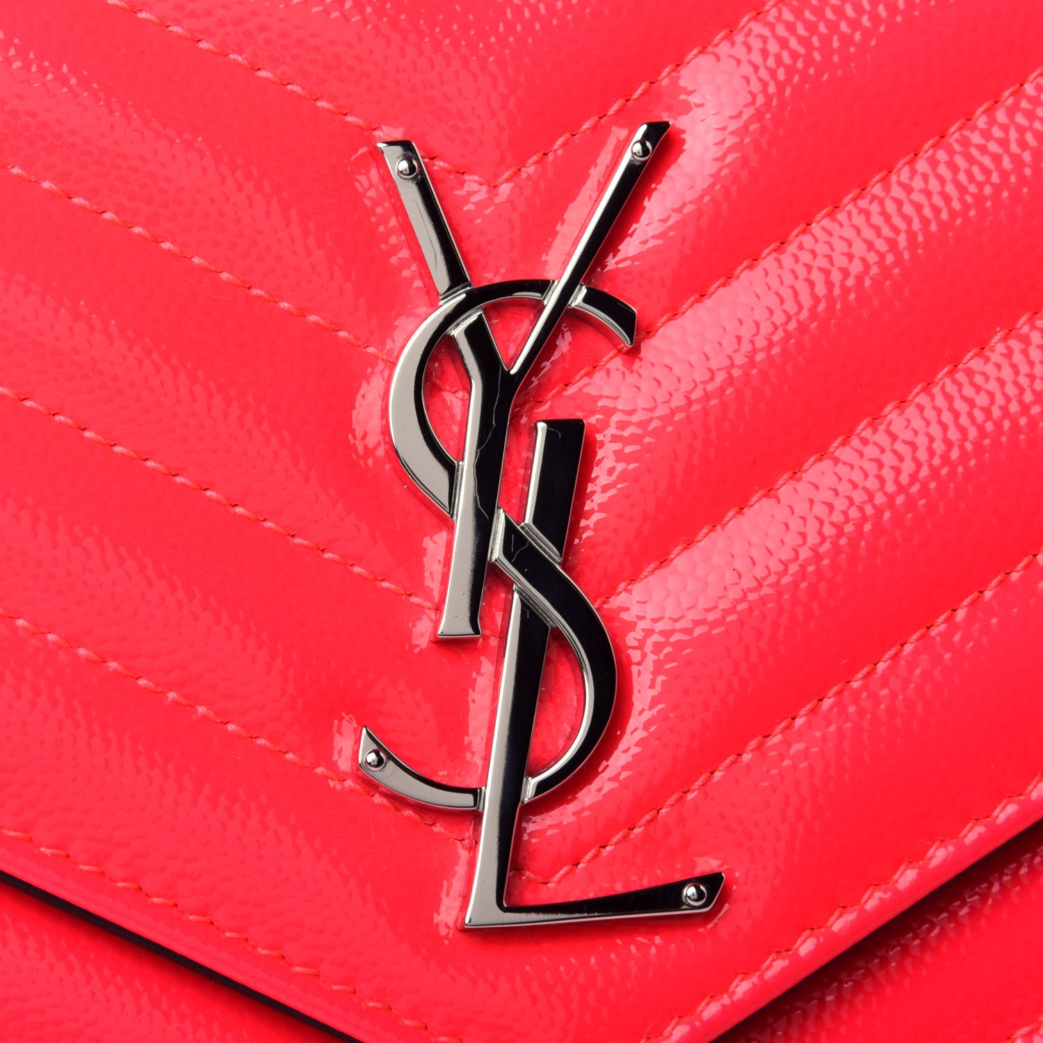 Saint Laurent Patent Grain De Poudre Matelasse Chevron Monogram Chain Wallet Neon Pink 4 of 4