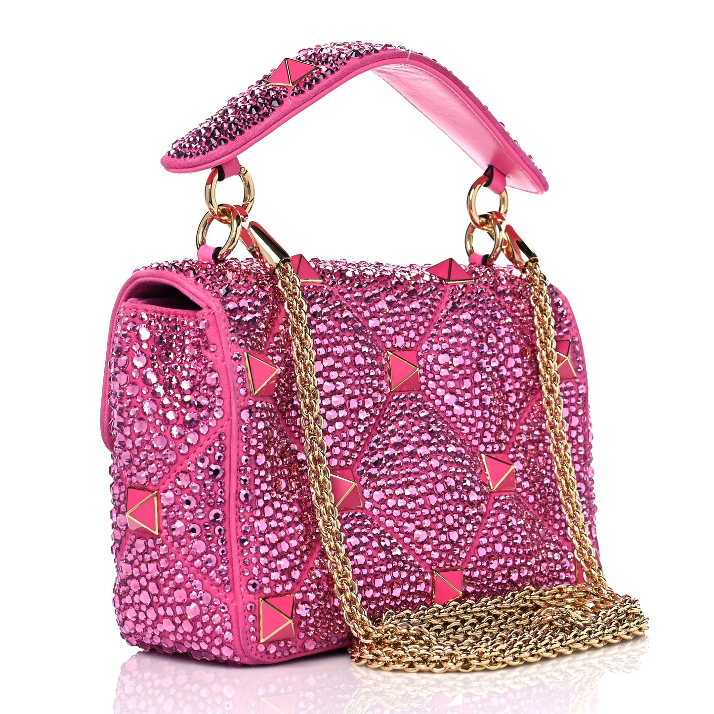 Crystal Suede Enamel Medium Roman Stud Shoulder Bag Pink PP
