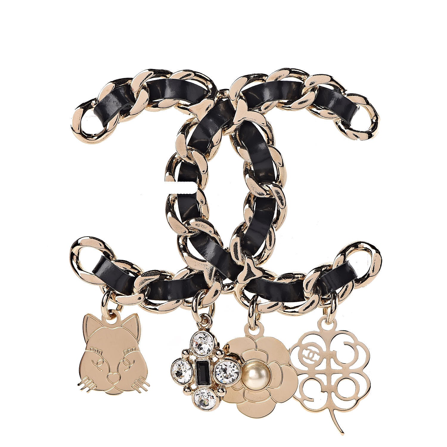 Chanel Lambskin Crystal Chain CC Charms Brooch Black Gold 1 of 5