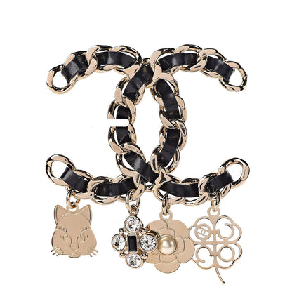 Chanel Lambskin Crystal Chain CC Charms Brooch Black Gold 1 of 5