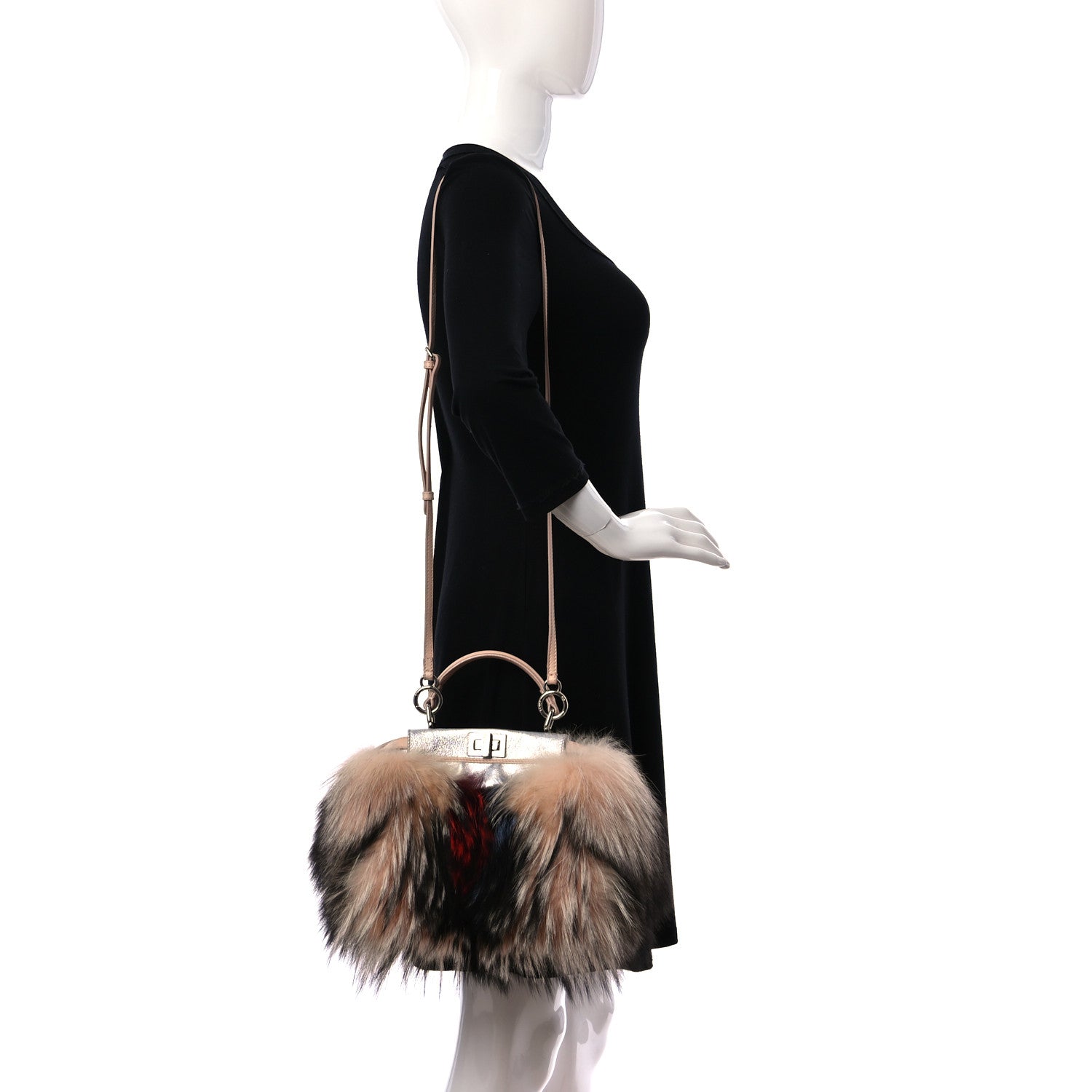 Fendi Metallic Nappa Fox Fur Mini Peekaboo Iconic Satchel Brown Multicolor 2 of 9