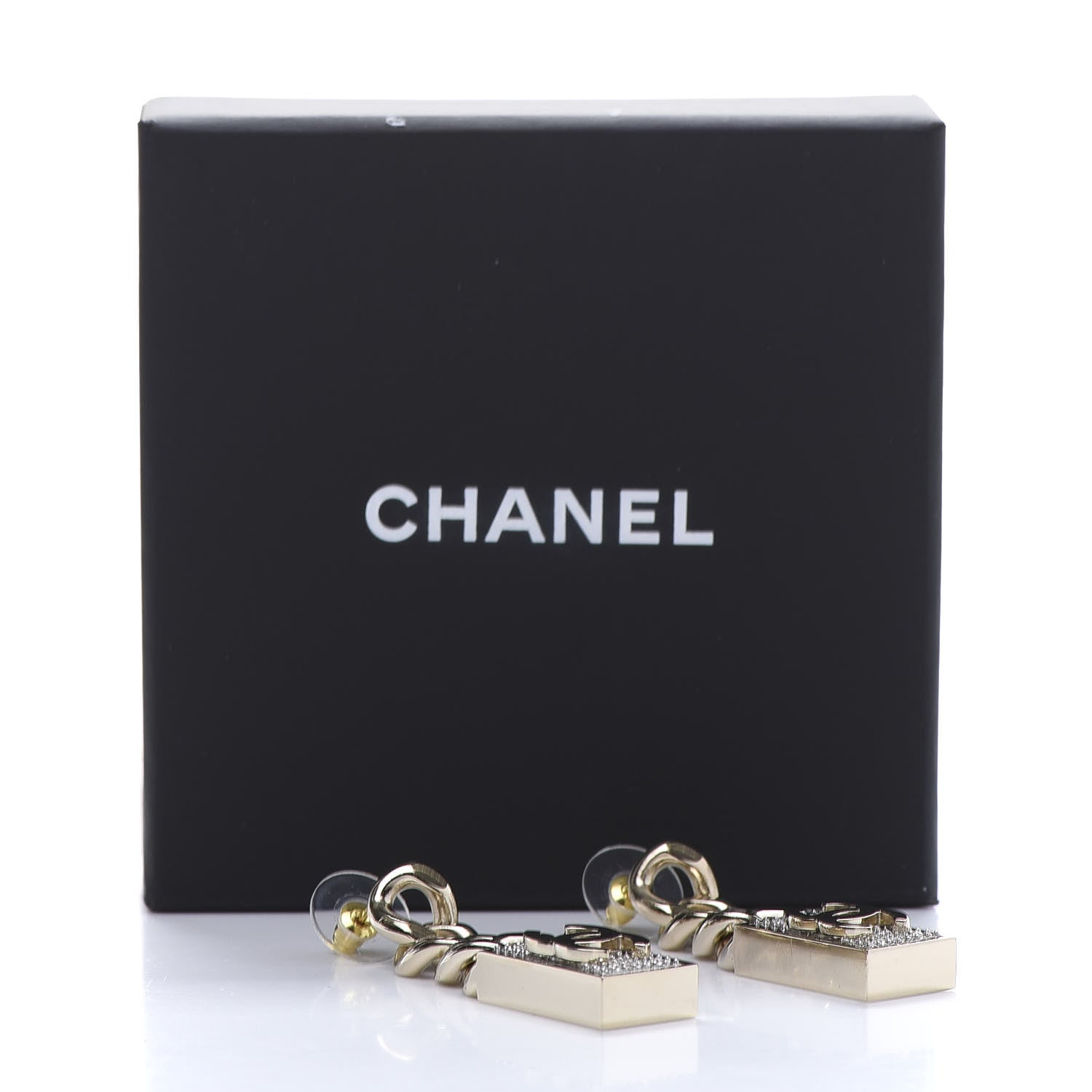 Chanel Crystal Dog Tag Charm Earrings Gold 5 of 5