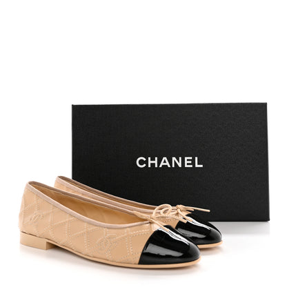 Chanel Lambskin Patent Double Stitched CC Cap Toe Ballerina Flats 38 Ivory Black 9 of 9