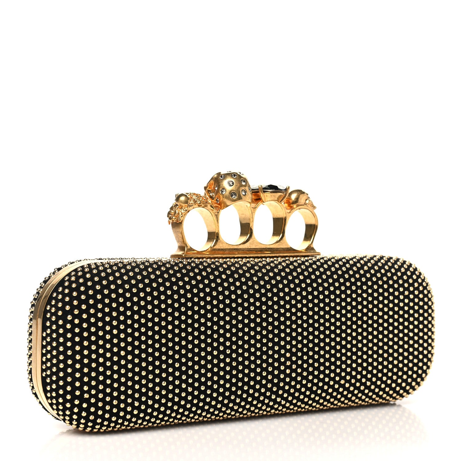 Alexander McQueen Suede Studded Skull Knuckle Box Clutch Black Gold 3 of 10