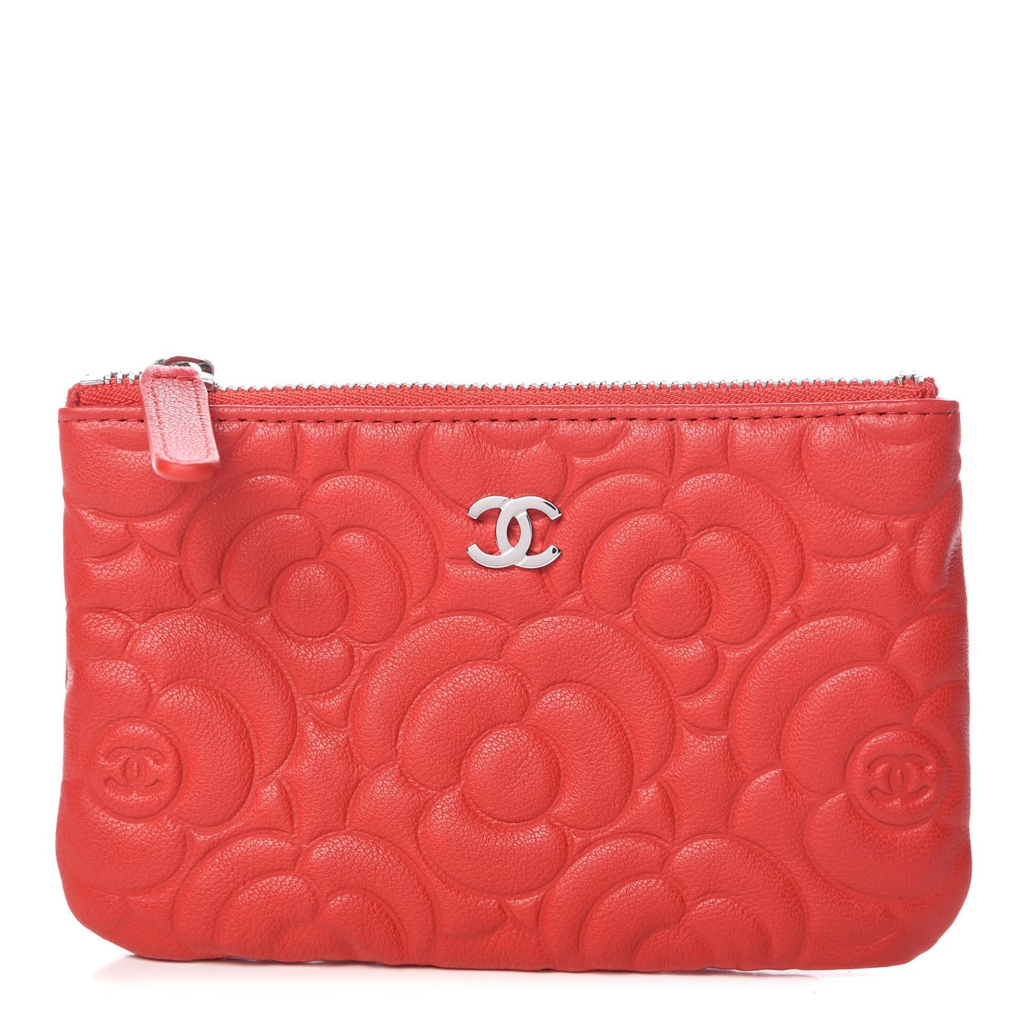 Goatskin Camellia Embossed Cosmetic Pouch Red
