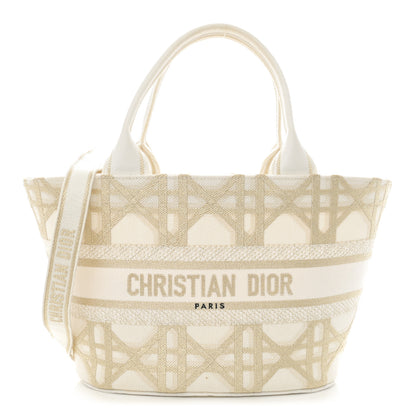 Christian Dior Canvas Cannage Embroidered Brocart Hat Basket Bag White Gold 1 of 12