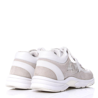 Chanel Suede Calfskin Fabric CC Sneakers 37.5 White Grey 4 of 11