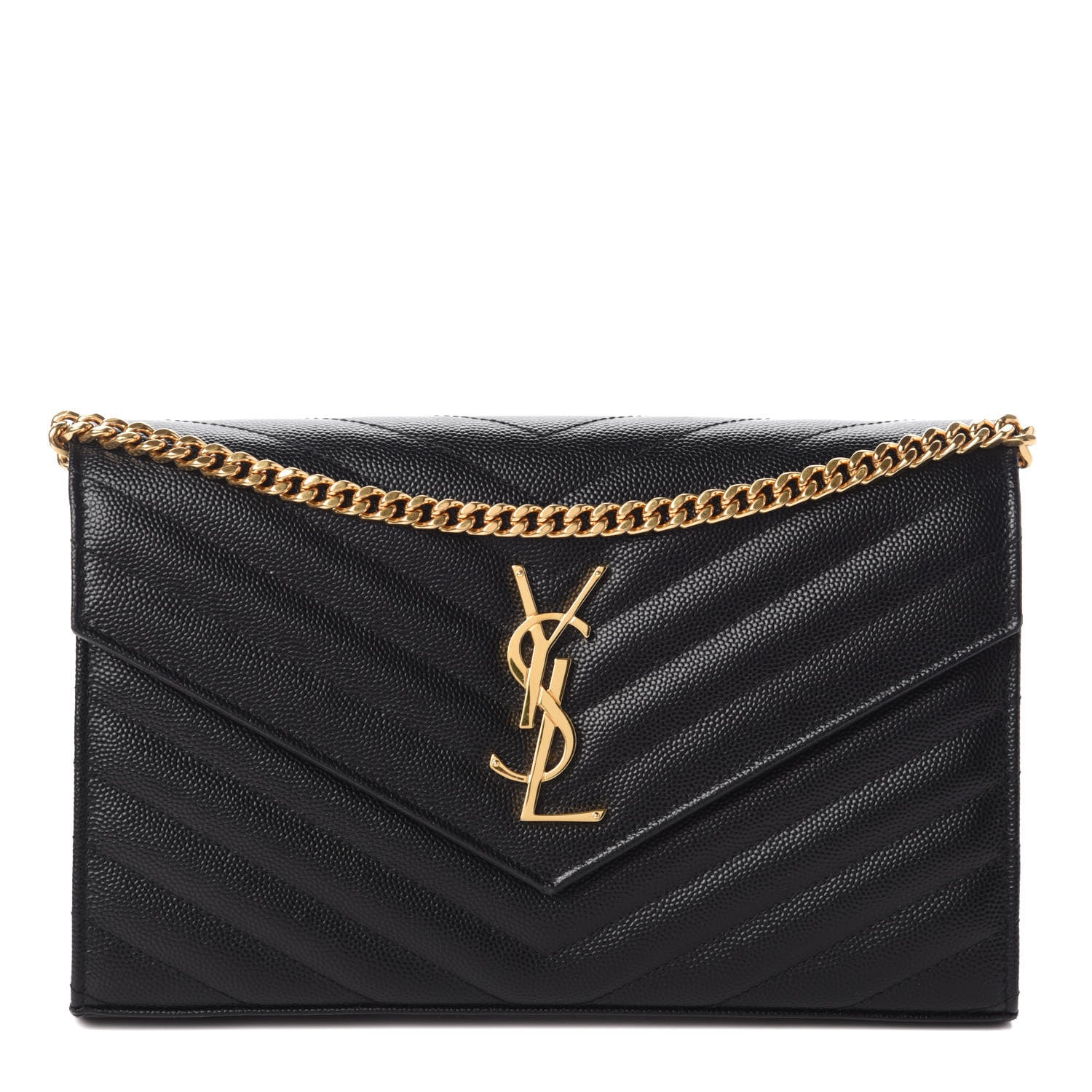 Saint Laurent Grain De Poudre Matelasse Chevron Monogram Chain Wallet Black 1 of 9
