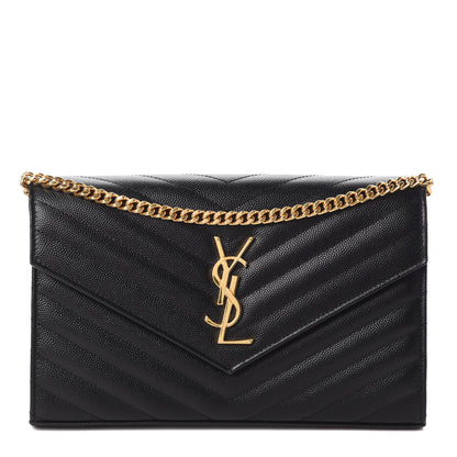 Saint Laurent Grain De Poudre Matelasse Chevron Monogram Chain Wallet Black 1 of 9