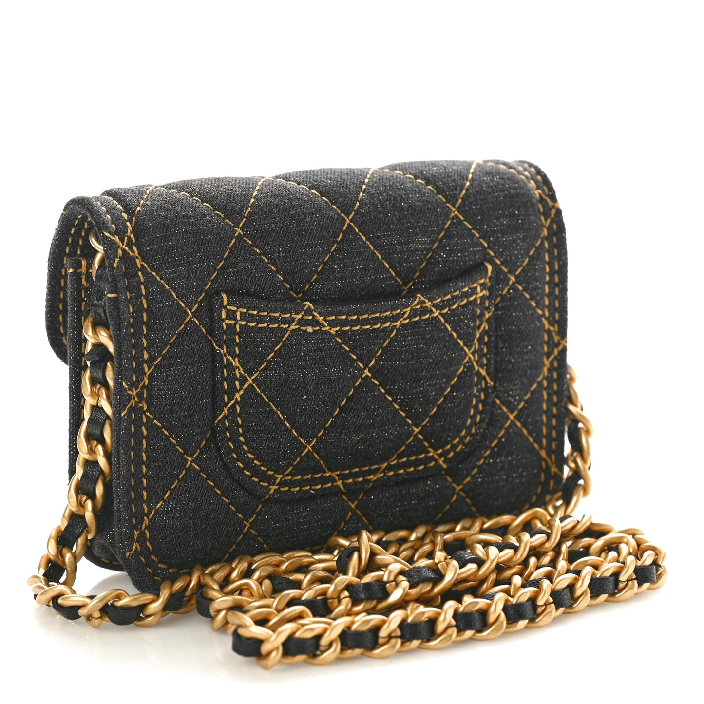 Denim Quilted Double You Card Holder On Chain Black Golden