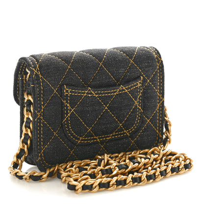Chanel Denim Quilted Double You Card Holder On Chain Black Golden 3 of 10
