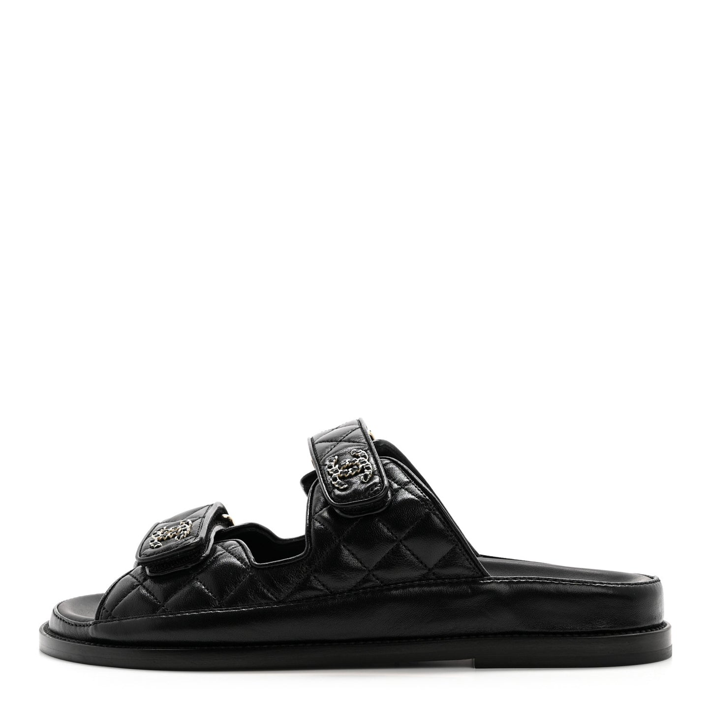 Lambskin Quilted Velcro Dad Chain CC Slide Sandals 38.5 Black