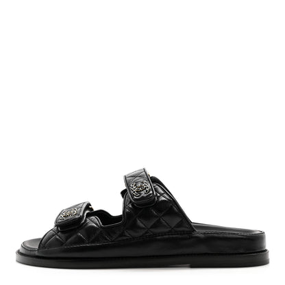 Chanel Lambskin Quilted Velcro Dad Chain CC Slide Sandals 38.5 Black 1 of 9