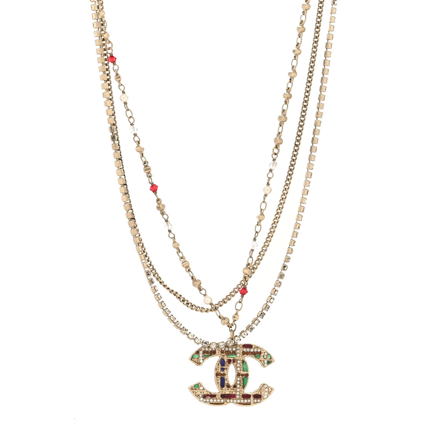 Chanel Crystal Pearl Tweed Effect Multi Strand CC Short Necklace Gold Red Green 1 of 5