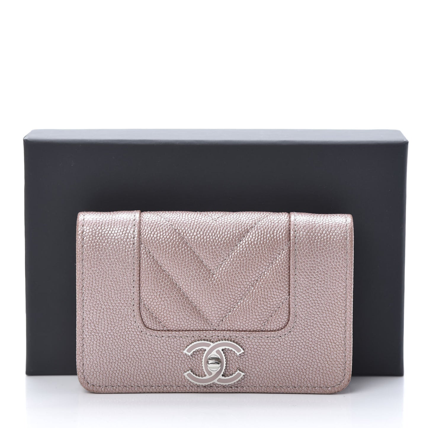 Metallic Caviar Chevron Quilted Vintage Mademoiselle Flap Card Holder Pink