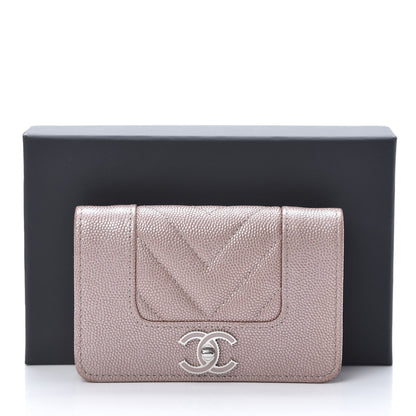 Chanel Metallic Caviar Chevron Quilted Vintage Mademoiselle Flap Card Holder Pink 11 of 11