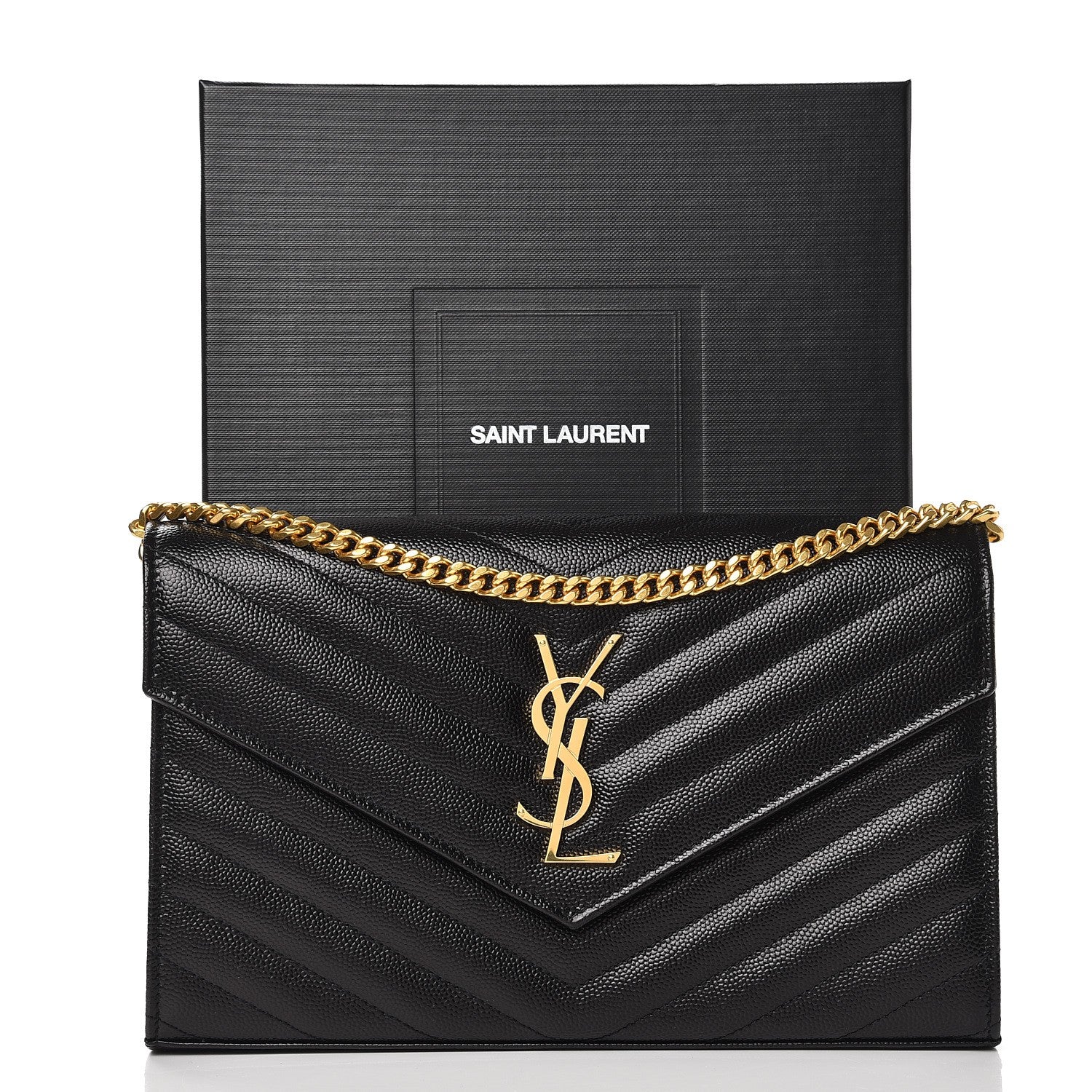 Saint Laurent Grain De Poudre Matelasse Chevron Monogram Chain Wallet Black 7 of 7