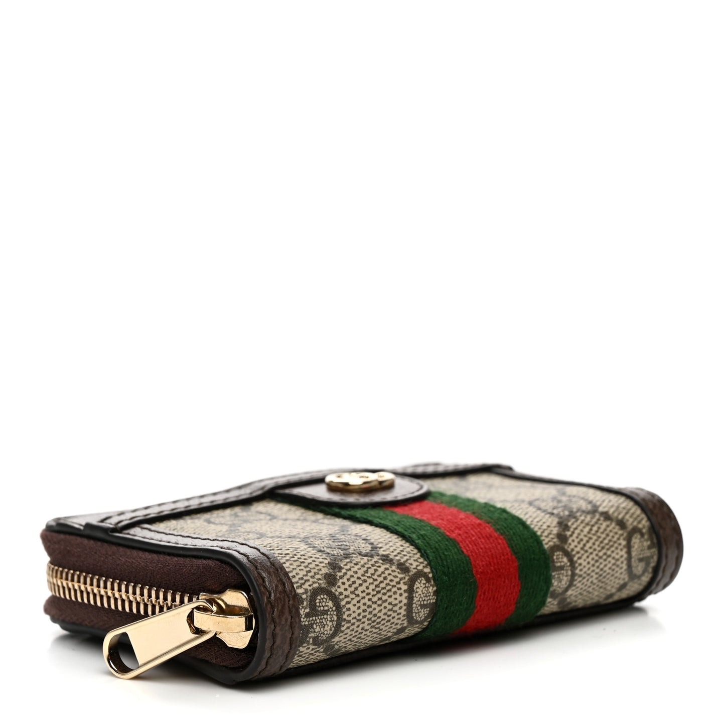 GG Supreme Monogram Textured Dollar Calfskin Web Ophidia Zip Around Card Case Wallet Beige Ebony New Acero