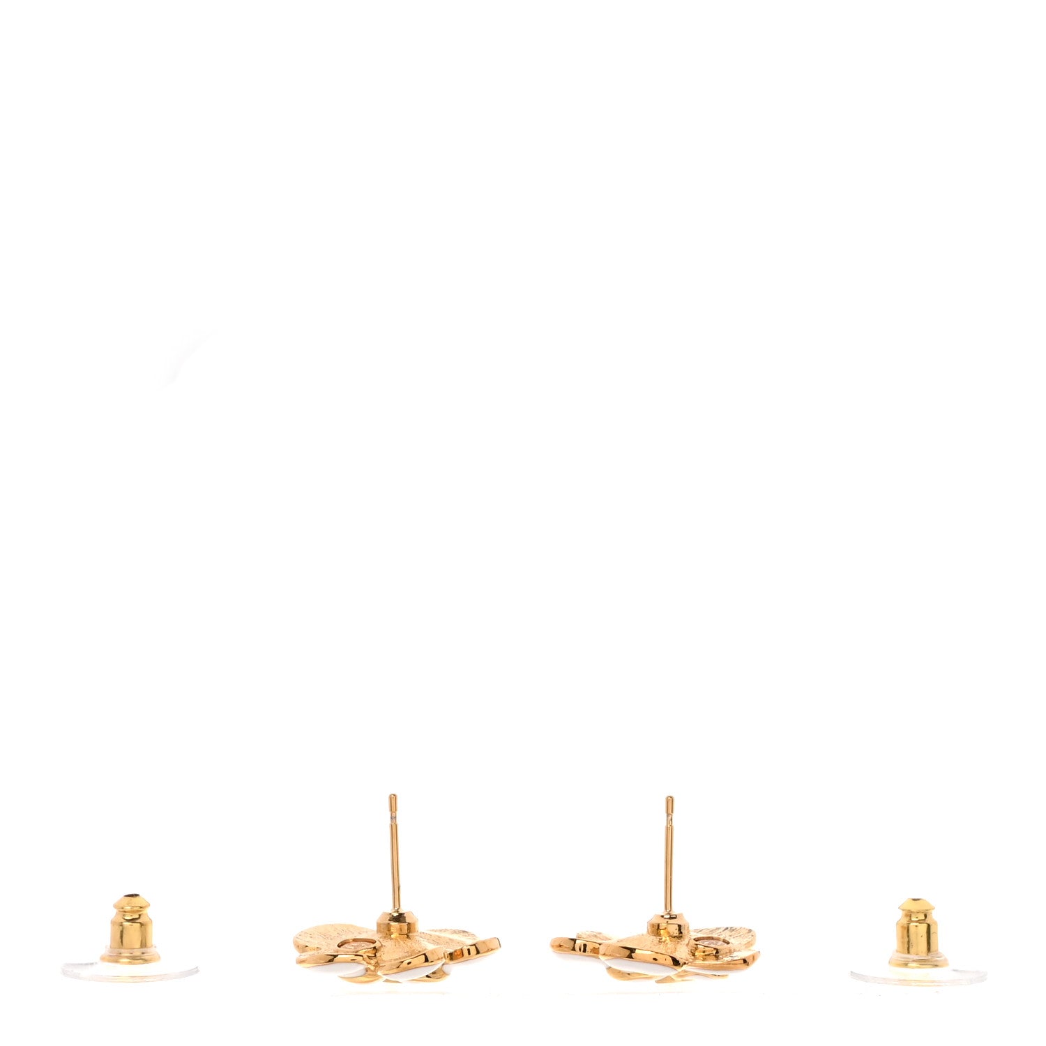 Chanel Metal Resin CC Camellia Stud Earrings Gold White 3 of 4