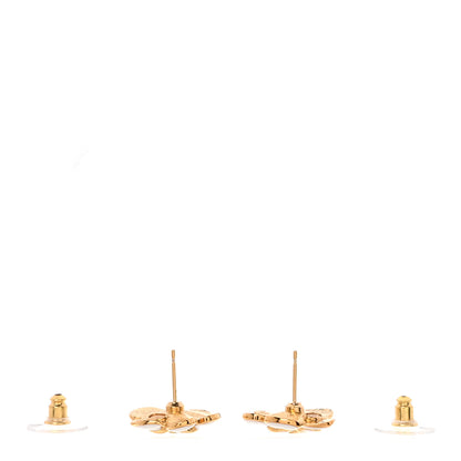 Chanel Metal Resin CC Camellia Stud Earrings Gold White 3 of 4