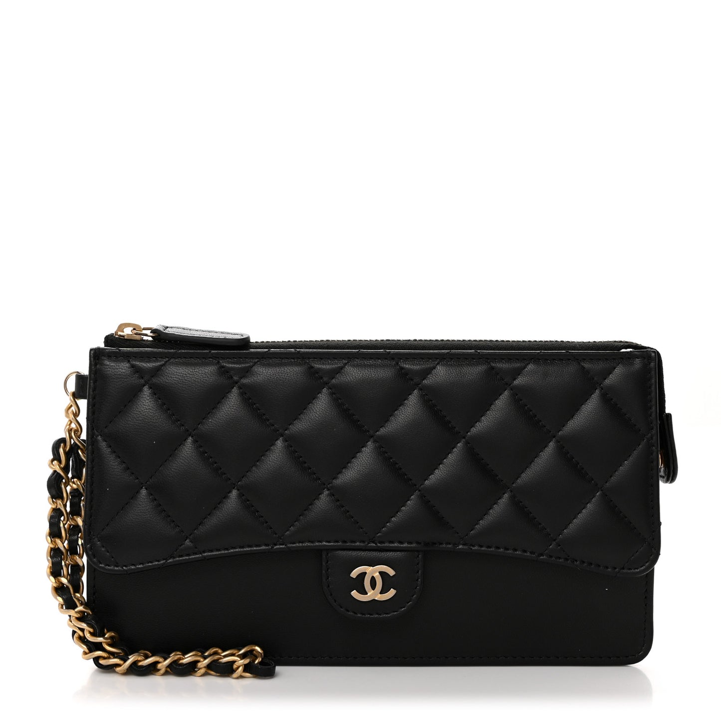 Lambskin Quilted Classic Pouch With Handle Black