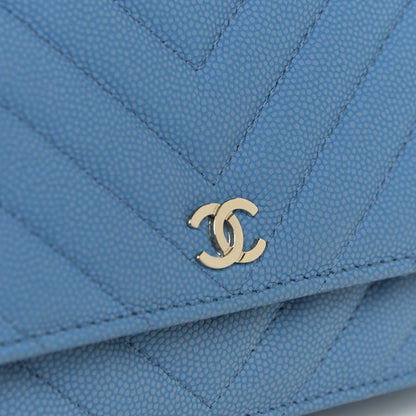 Chanel Caviar Flat Chevron Quilted Wallet On Chain WOC Blue 11 of 16