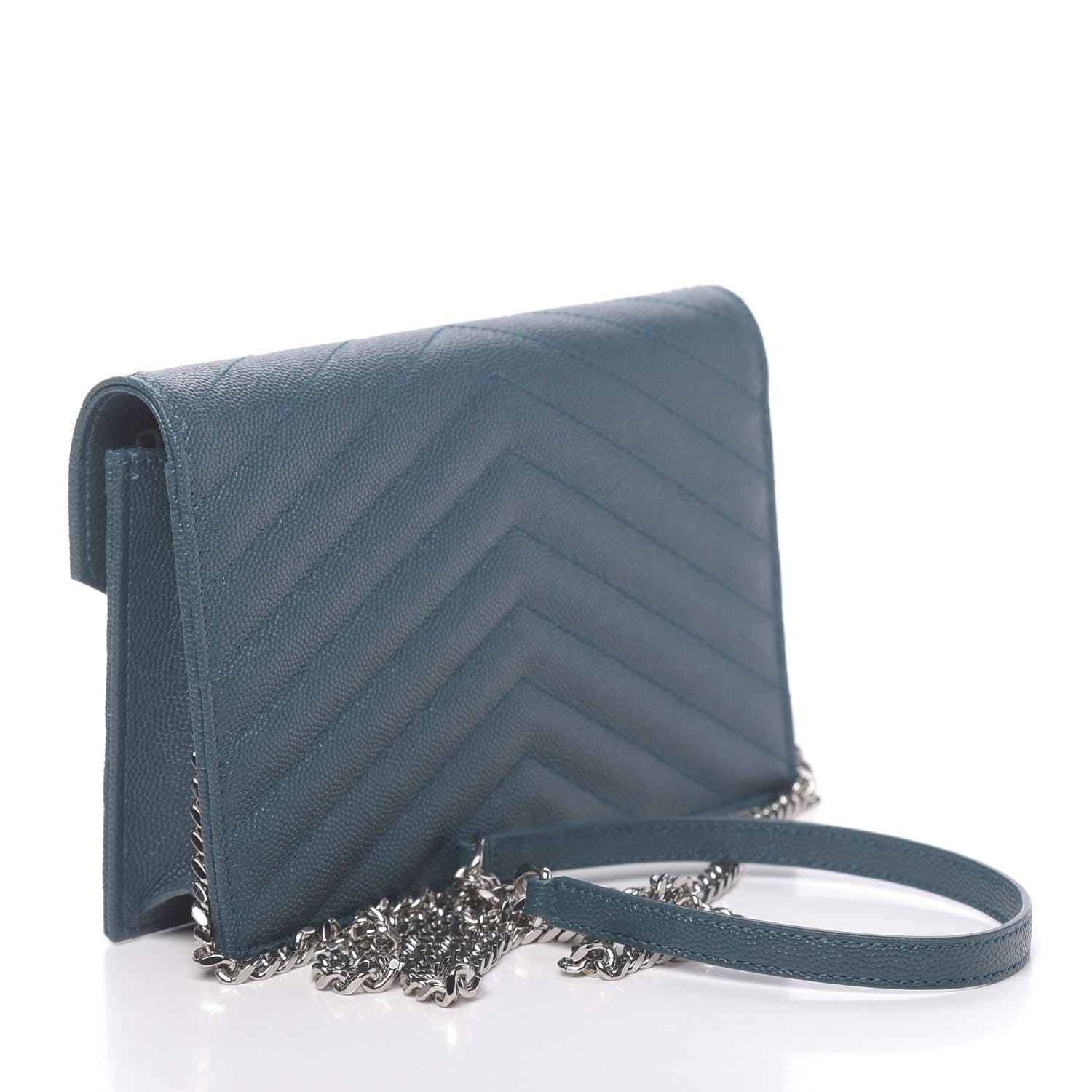 Saint Laurent Grain De Poudre Matelasse Chevron Monogram Envelope Chain Wallet Peacock Green 3 of 12