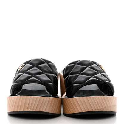 Chanel Lambskin Quilted CC Wedge Sandals 38 Black 2 of 8