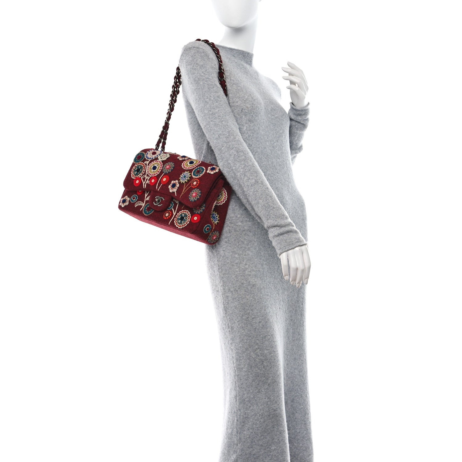 Chanel Felt Flower Embroidered Jumbo Double Flap Burgundy Multicolor 2 of 11