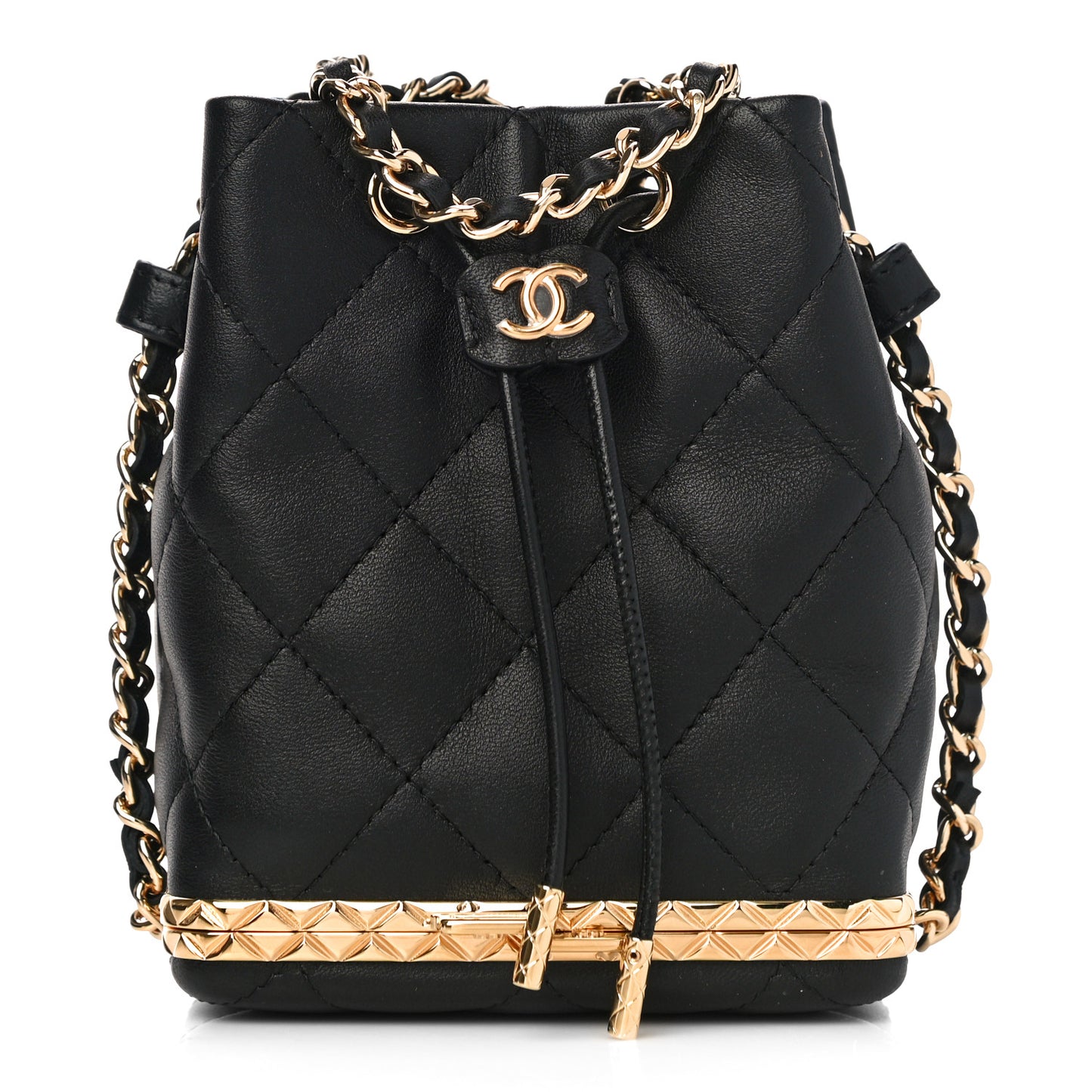 Metal Lambskin Quilted Small Chain Bucket Bag Black
