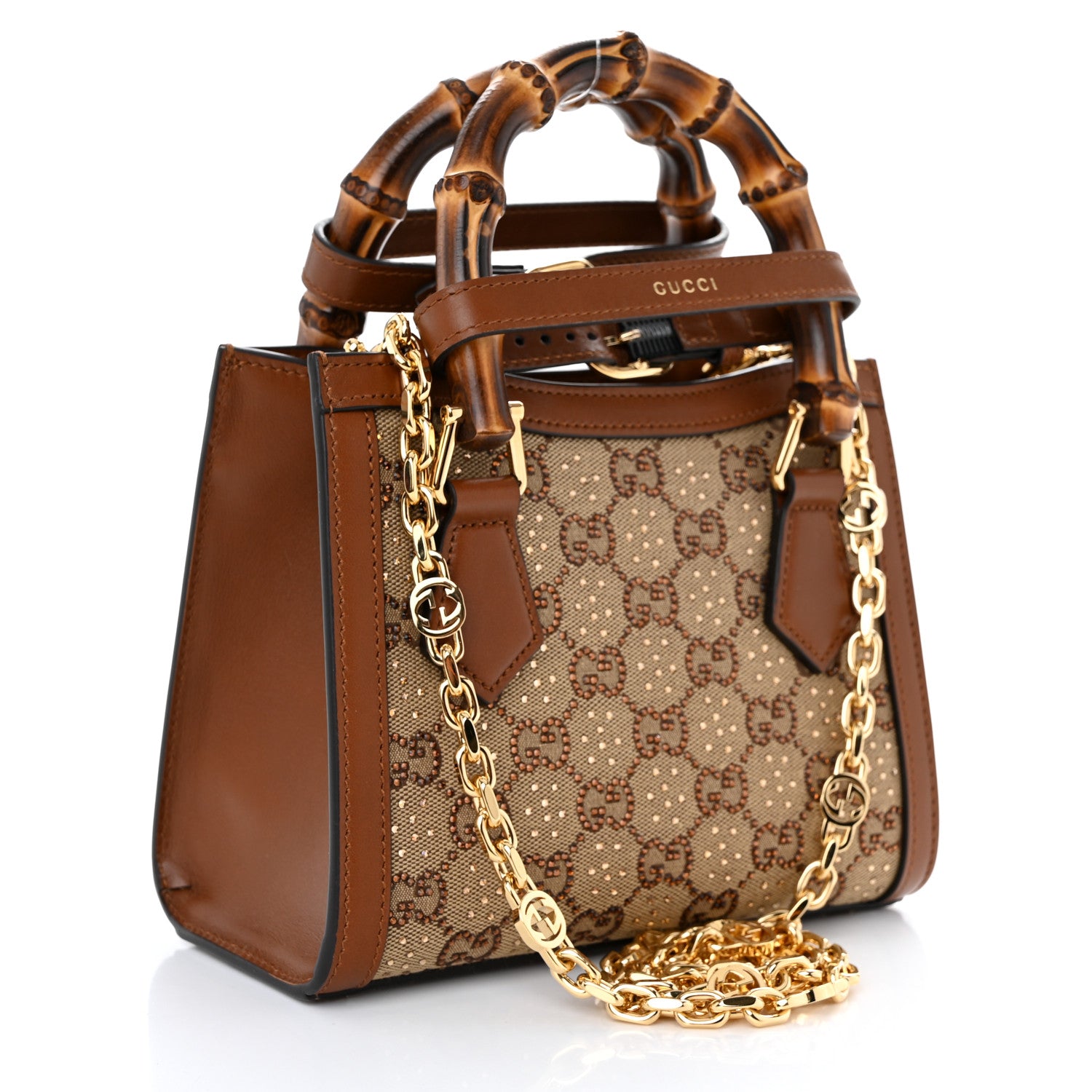 Gucci New Canvas Charisma Calfskin Crystal GG Monogram Mini Diana Tote Bag Camel Ebony 3 of 10