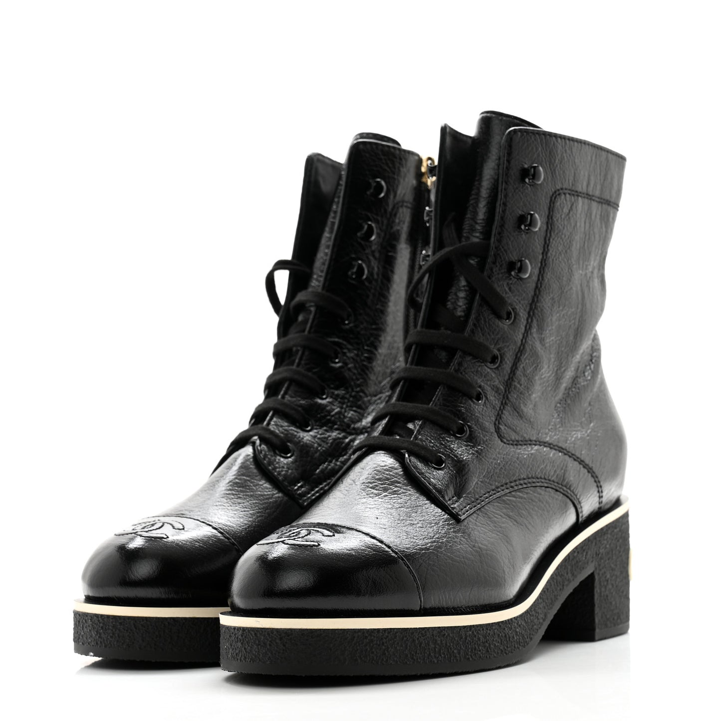 Shiny Crumpled Lambskin Lace Up Combat Boots 41 Black