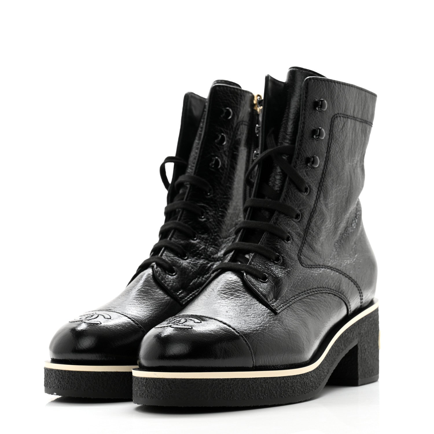 Chanel Shiny Crumpled Lambskin Lace Up Combat Boots 41 Black 3 of 11