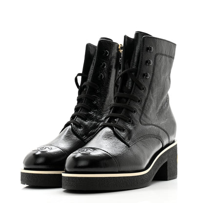 Chanel Shiny Crumpled Lambskin Lace Up Combat Boots 41 Black 3 of 11