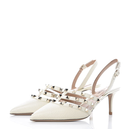 Valentino Garavani Pebbled Calfskin Rockstud Cage Slingback Pumps 37.5 White 3 of 7