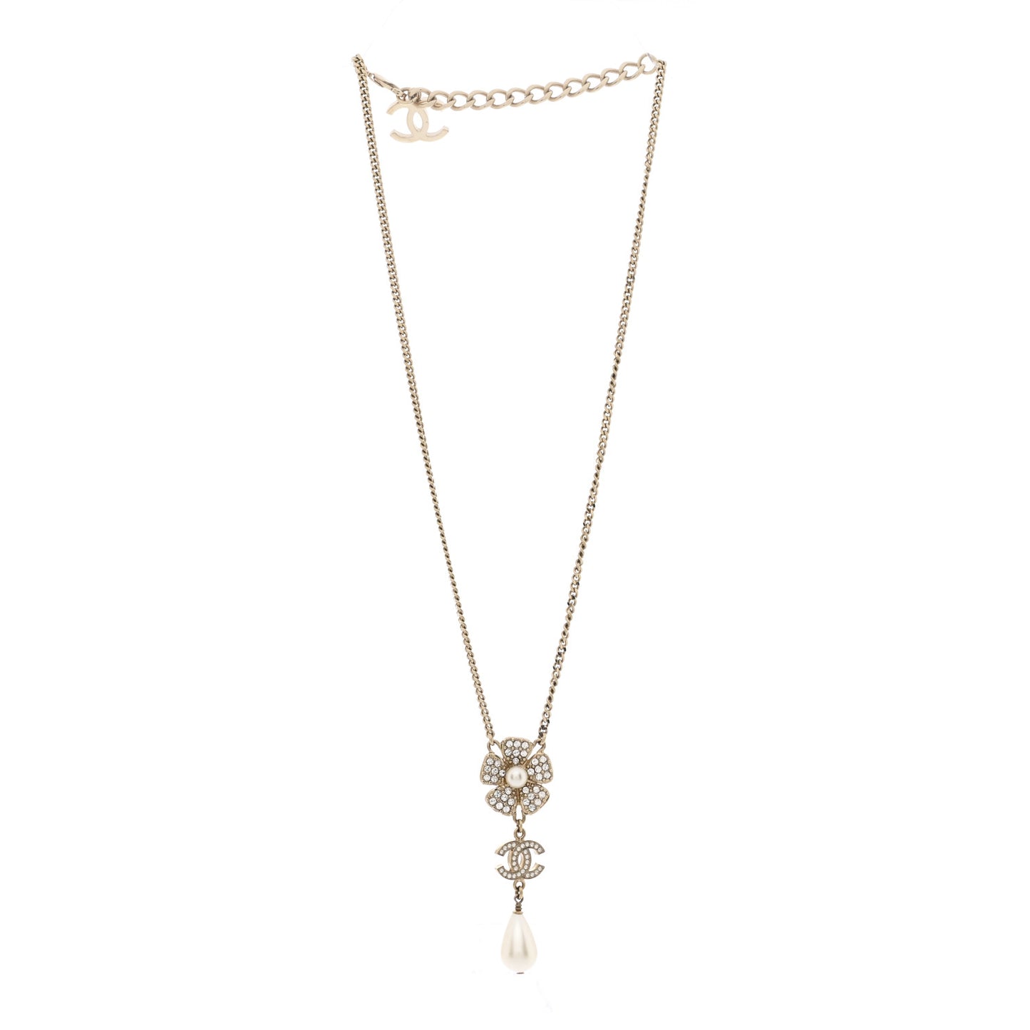Crystal Pearl CC Flower Drop Necklace Gold