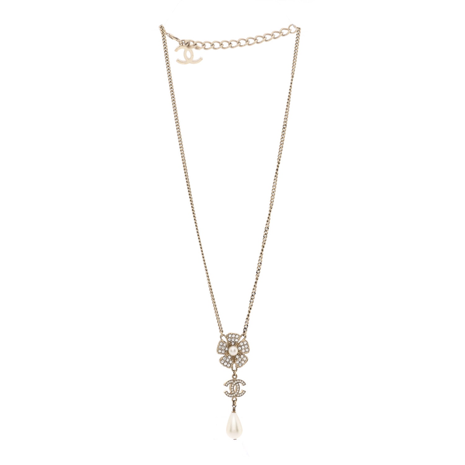 Chanel Crystal Pearl CC Flower Drop Necklace Gold 3 of 7