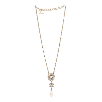 Chanel Crystal Pearl CC Flower Drop Necklace Gold 3 of 7