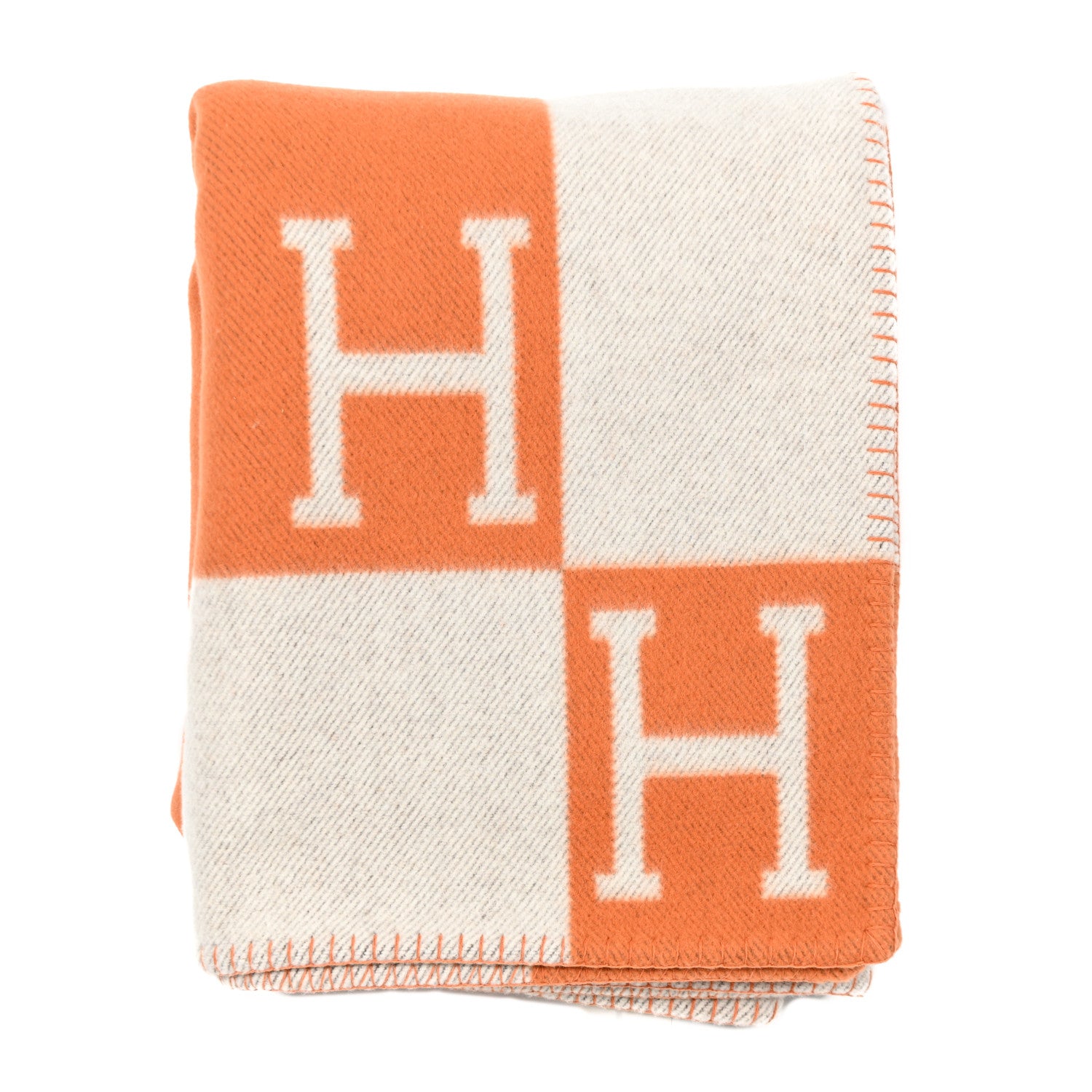 Hermes Wool Cashmere Signature Classic Avalon Blanket Ecru Potiron 1 of 3