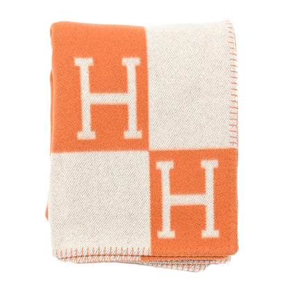 Hermes Wool Cashmere Signature Classic Avalon Blanket Ecru Potiron 1 of 3