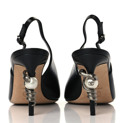 Chanel Lambskin Slingback Snake Pearl Heel 39.5 Black 5 of 10