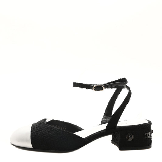 Tweed Iridescent Calfskin Cap Toe CC Slingback Pumps 39.5 Black Silver