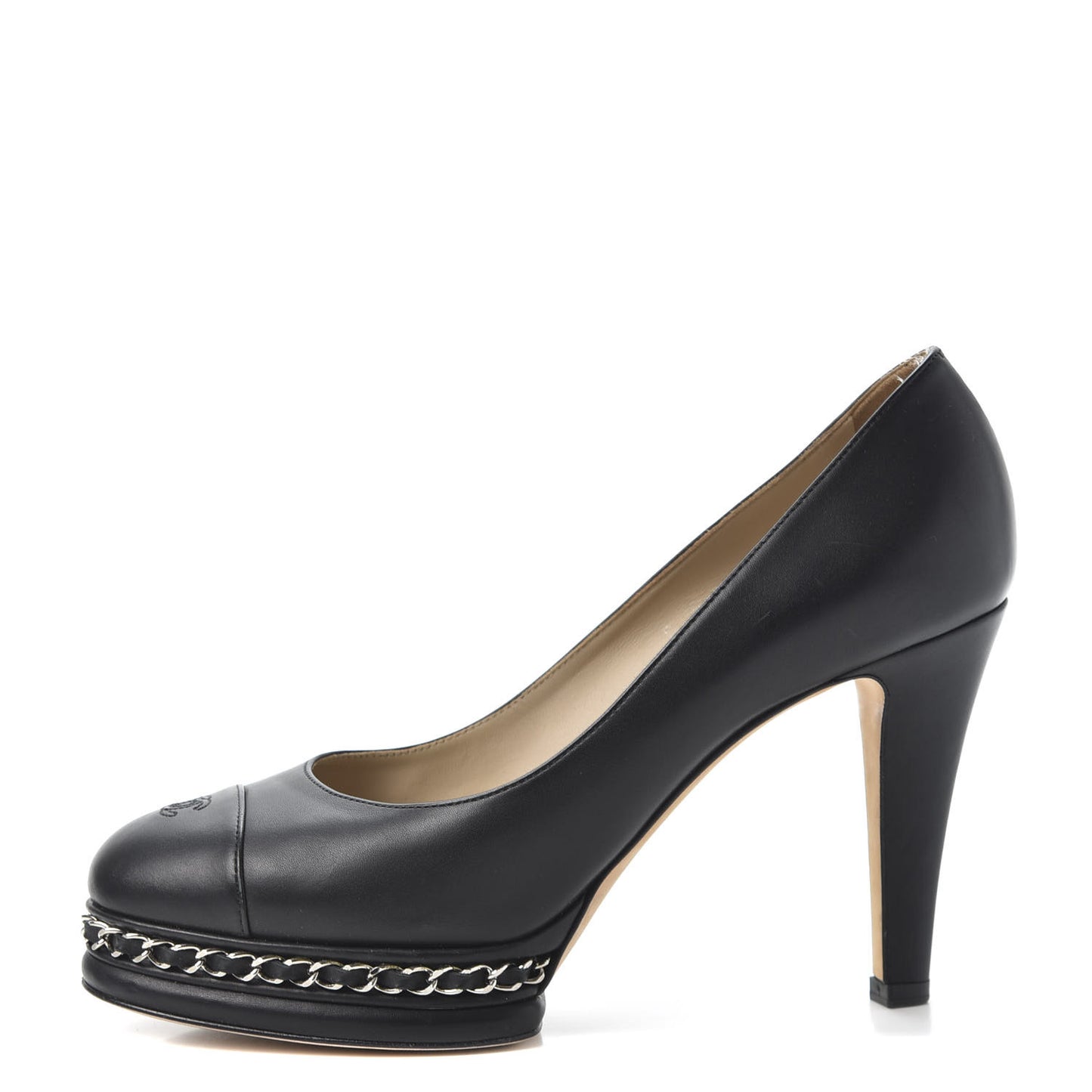 Lambskin CC Cap Toe Platform Chain Pumps 38.5 Black