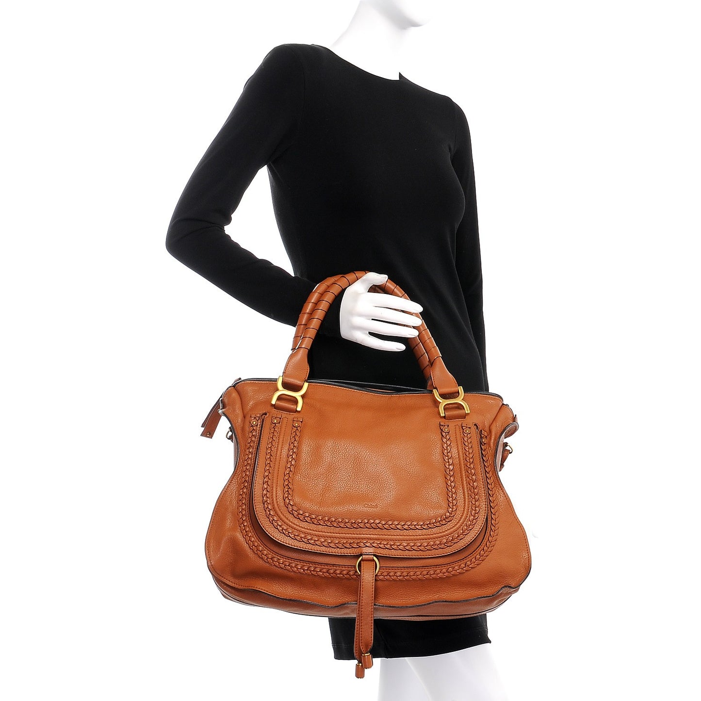 Calfskin Braided Large Marcie Satchel Caramel