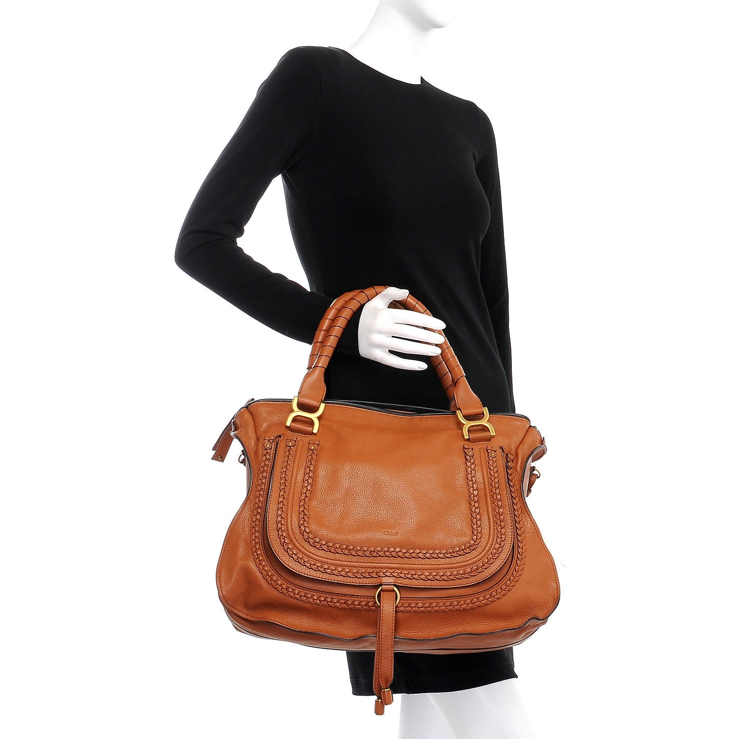 Chloe Calfskin Braided Large Marcie Satchel Caramel 3 of 8
