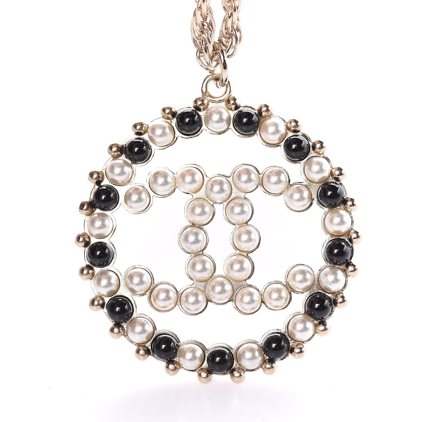 Pearl Bead CC Medallion Necklace Gold Pearly White Black