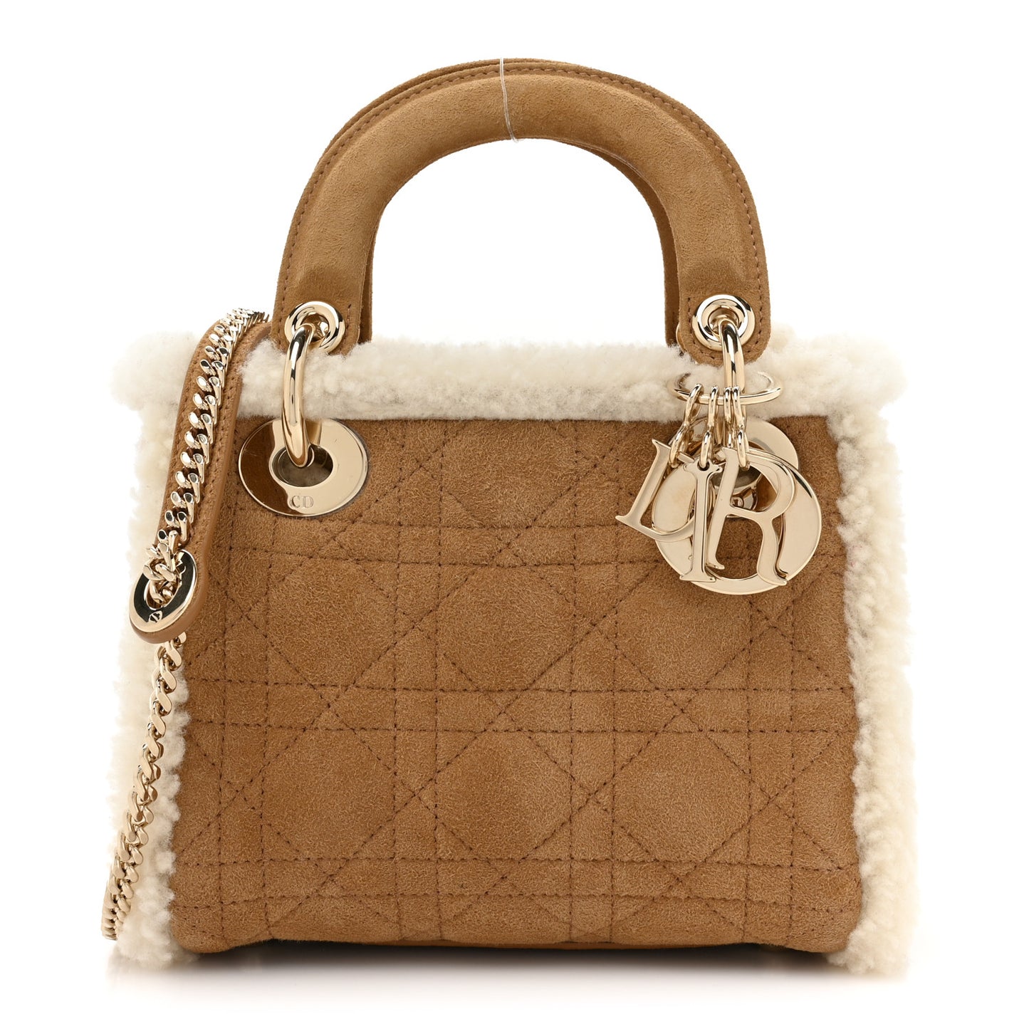 Suede Shearling Cannage Mini Lady Dior Camel